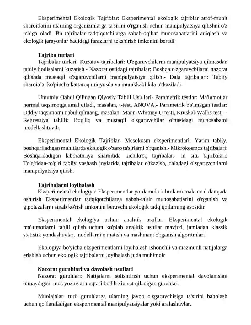 Umumiy Qabul Qilingan Qiyosiy Tahlil Usullari. Eksperimental Ekologik Tajriblar 2