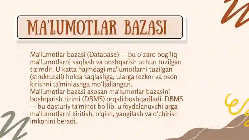 Ma’lumotlar bazasi tuzilmasini yaratish. Maʼlumotlarni boshqarish va taqdim etish 2