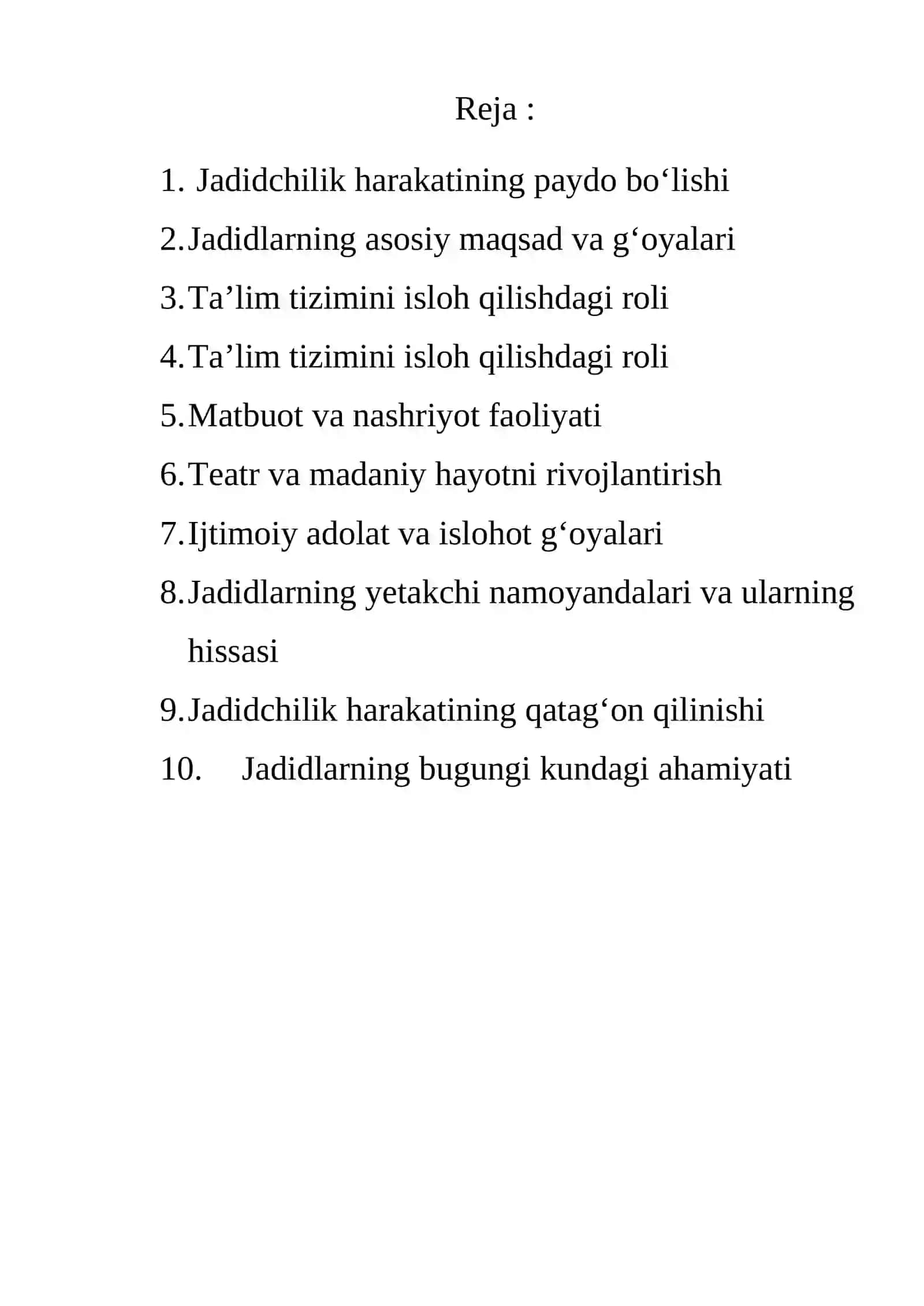 Jadidlar marifatparvarlarining o`lka ijtimoy-manaviy hayotida tutgan o`rni 2