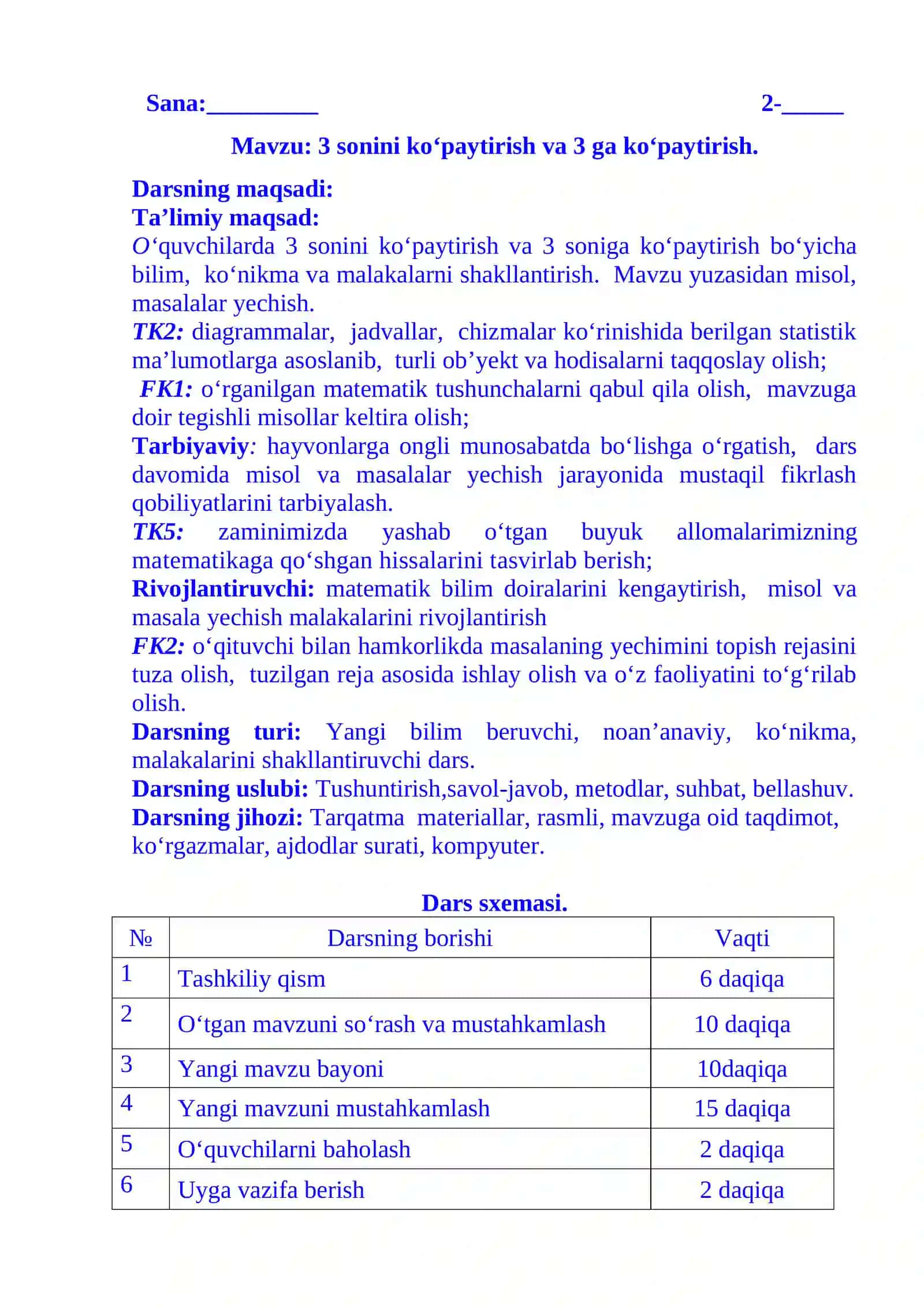 2-sinf matematika 3 sonini ko‘paytirish va 3 ga ko‘paytirish dars ishlanma 3-chorak 2