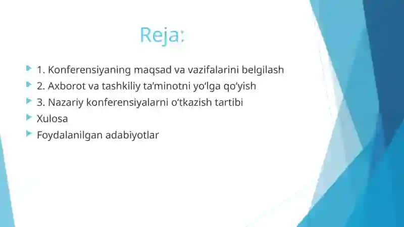 Konferensiya rejasini ishlab chiqish tartibi . Nazariy konferensiyalarni o‘tkazish tartibi 2