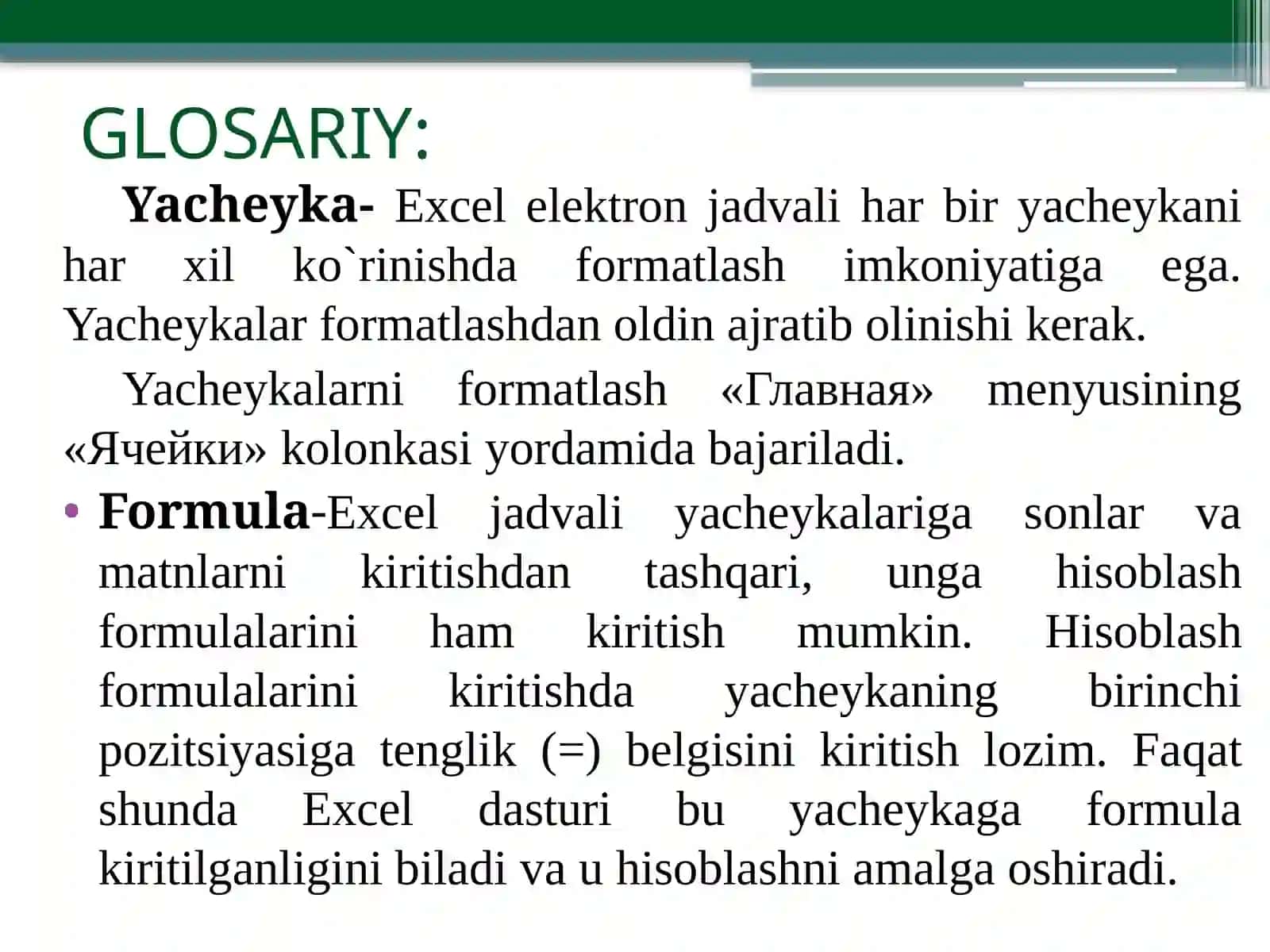 Yacheykalar formatlash 2