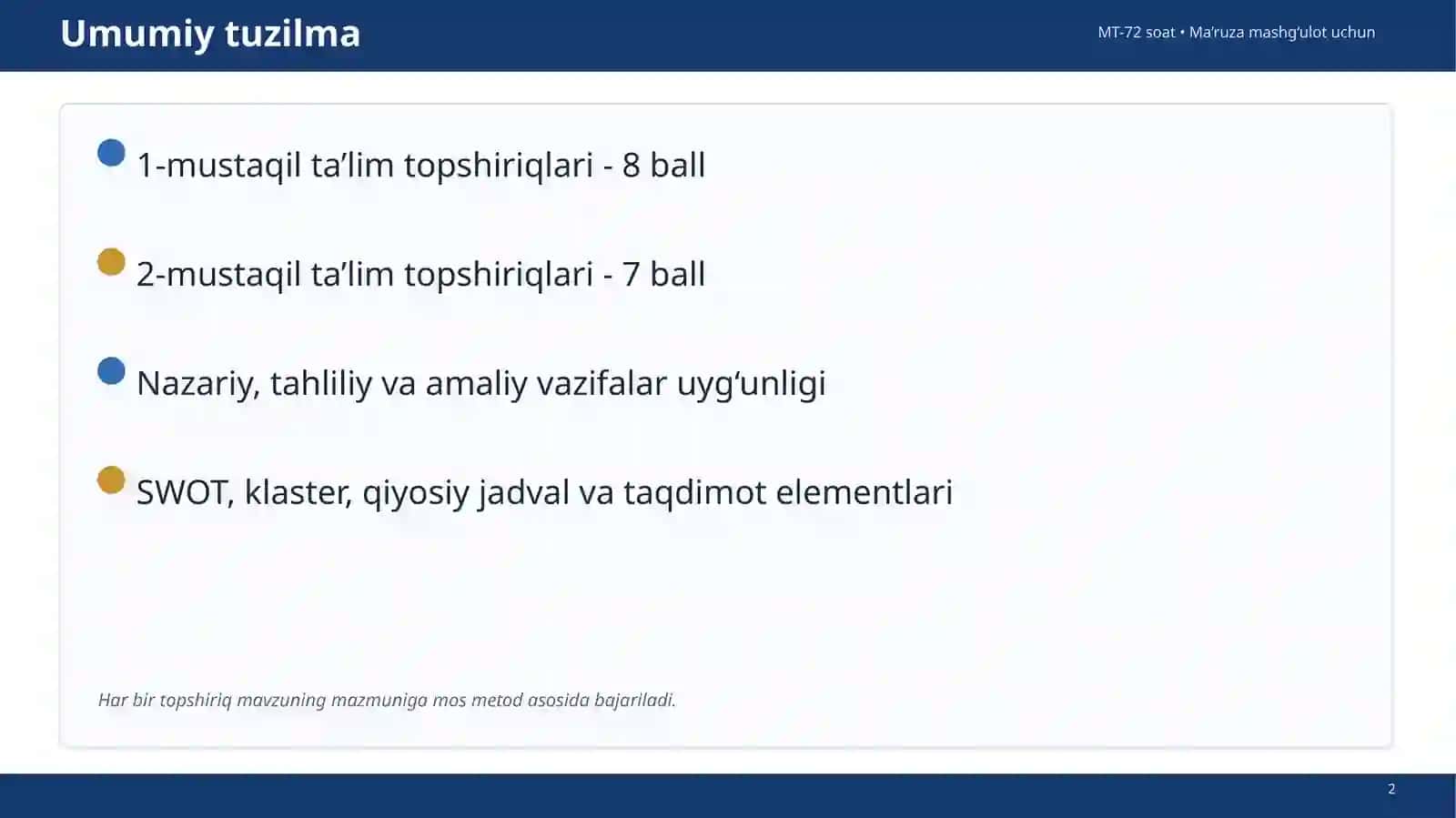 Mustaqil ta’limni bajarish bo‘yicha talablar (MT-72 soat) 2