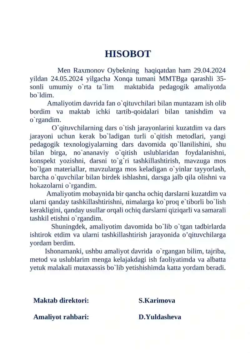 PEDAGOGIK AMALIYOT YUZASIDAN TAYYORLAGAN HISOBOTI 2