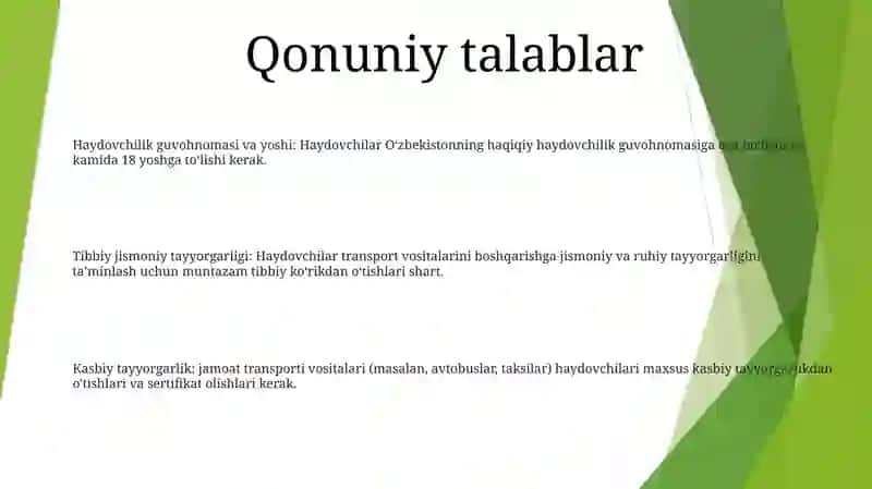 Avtotransport Vositalari Haydovchilariga Qo'Yiladigan Talablar 2