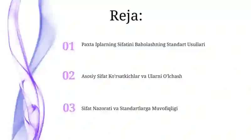 Paxta ipining sifatini baxolash Standart bo'yicha 2