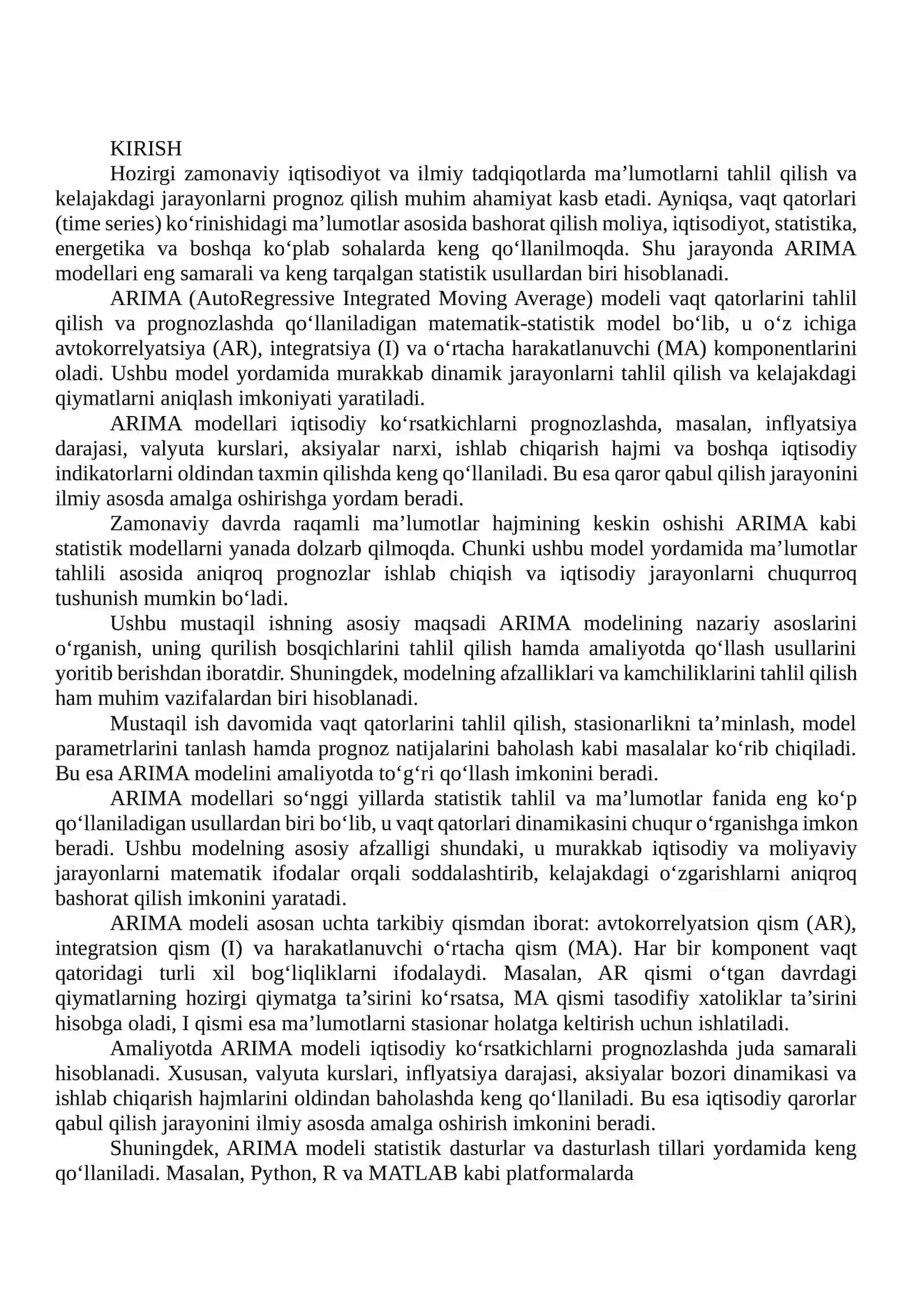 ARIMA model va ularni amaliyotda va ularni qullash uslubida 2