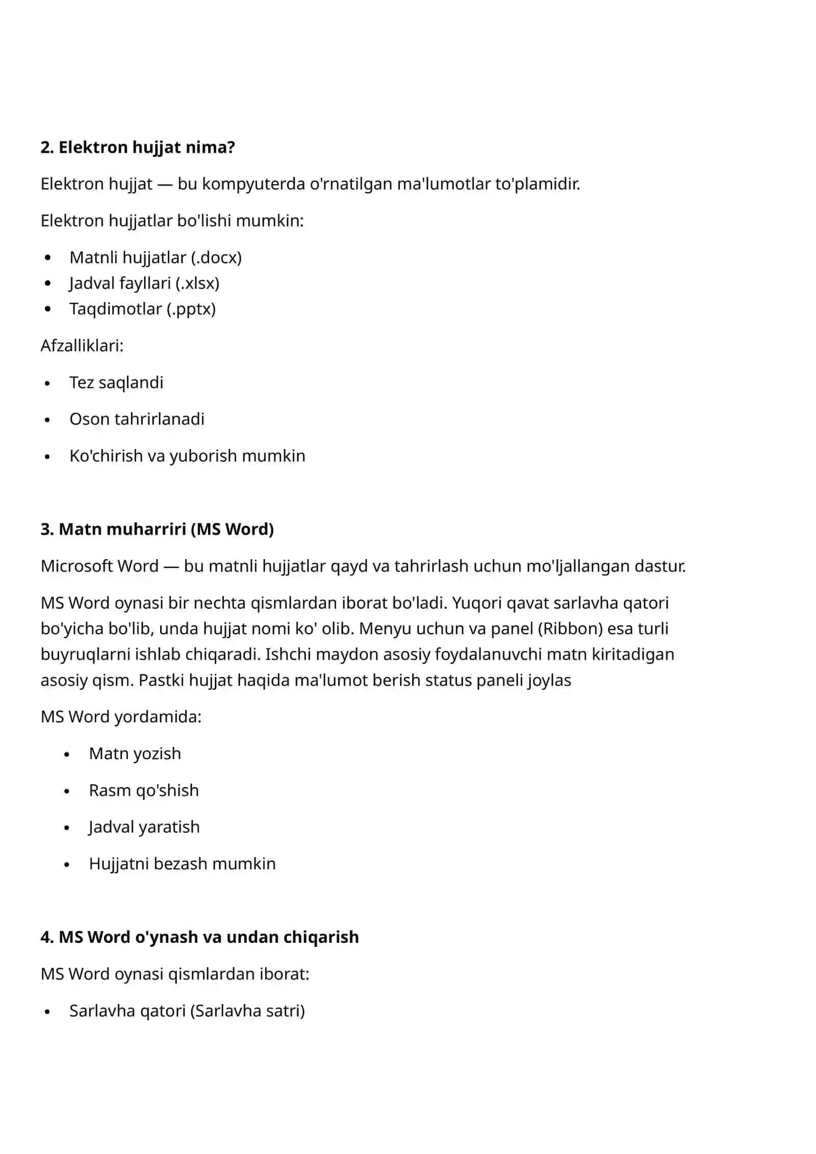 MS Office dasturlarida elektron hujjatlar bilan ishlash. Matn muxarriri 2