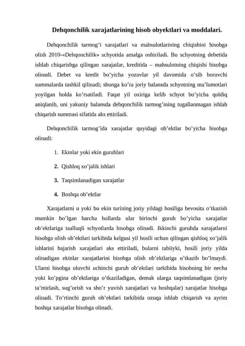 Dehqonchilik ishlab chiqarish xarajatlari hisobi va maxsulot tannarxini kalkulatsiya qilish 2