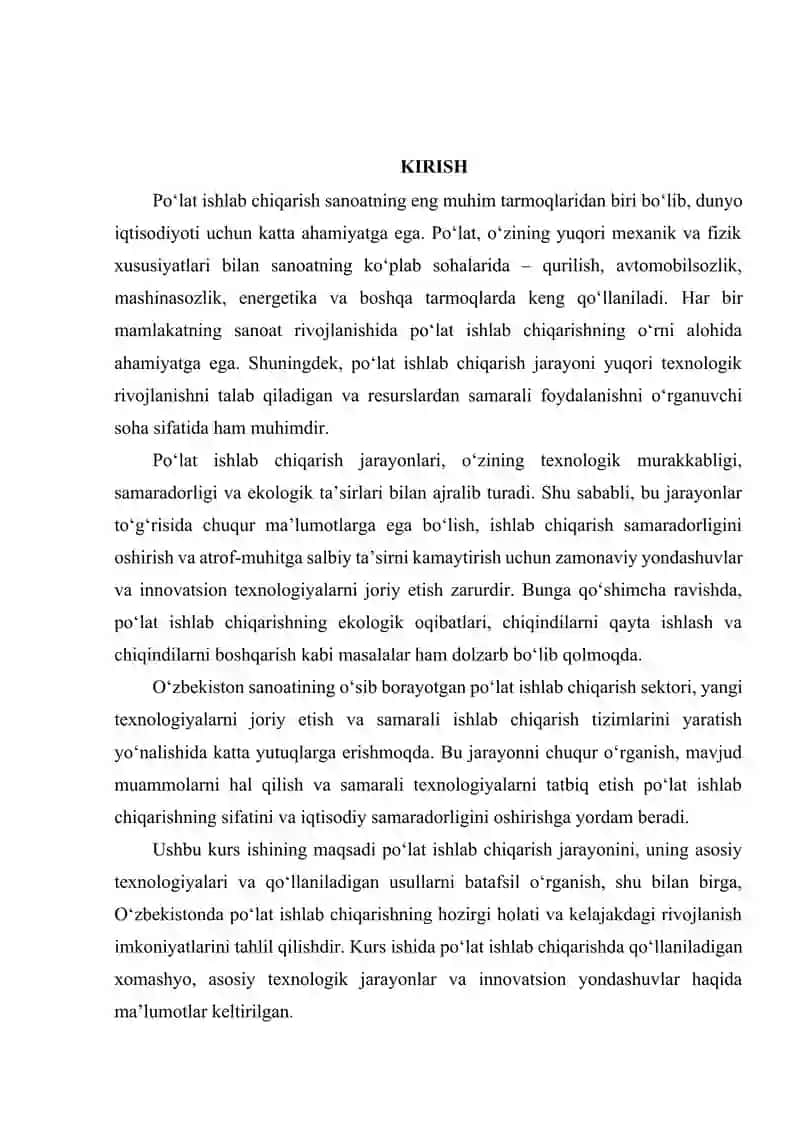 Po‘lat ishlab chiqarish texnologiyasi va uning zamonaviy innovatsion rivojlanish yo‘nalishlari 2