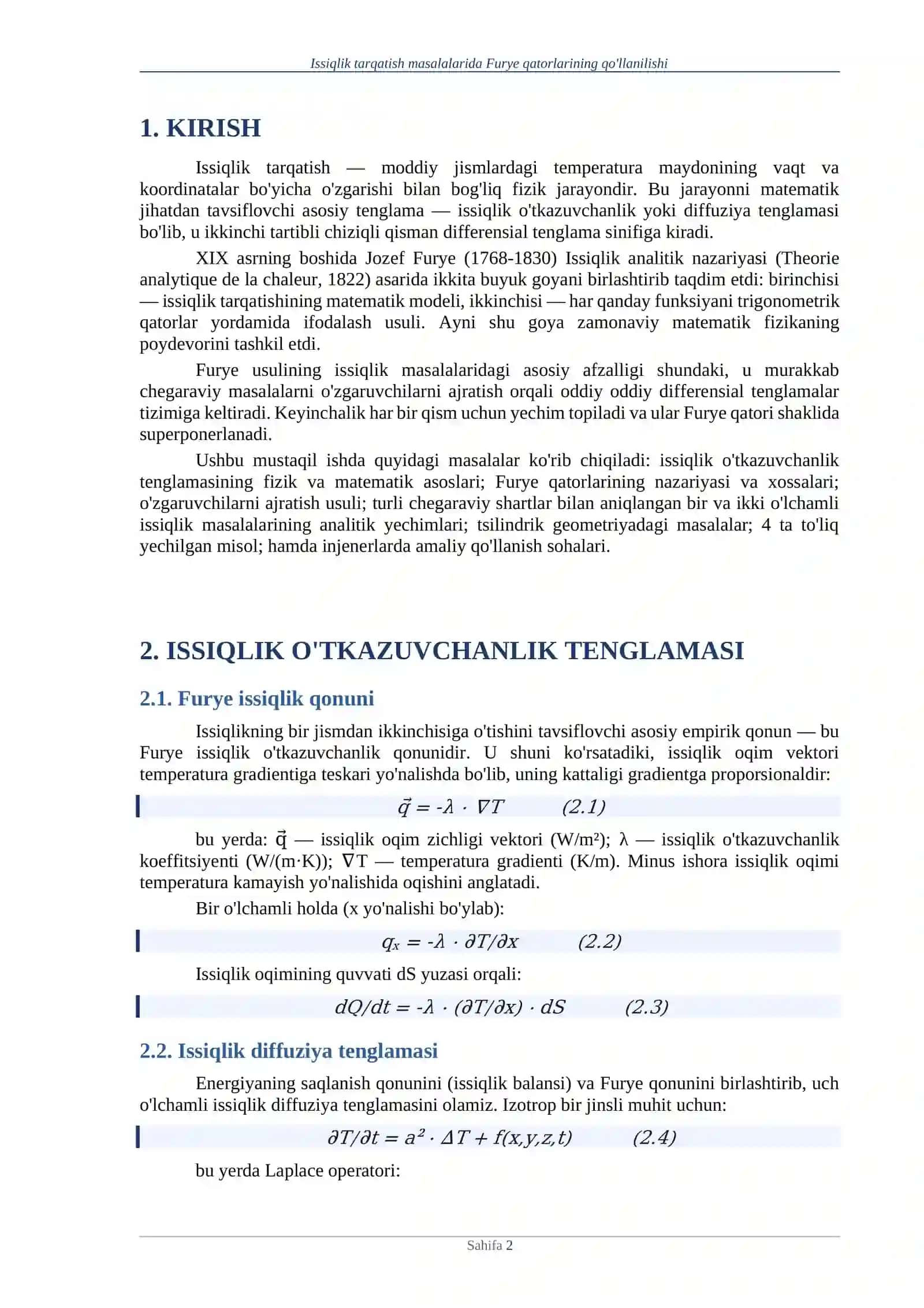 Issiqlik tarqatish masalalarida Furye qatorlarining qo'llanilishi. 2