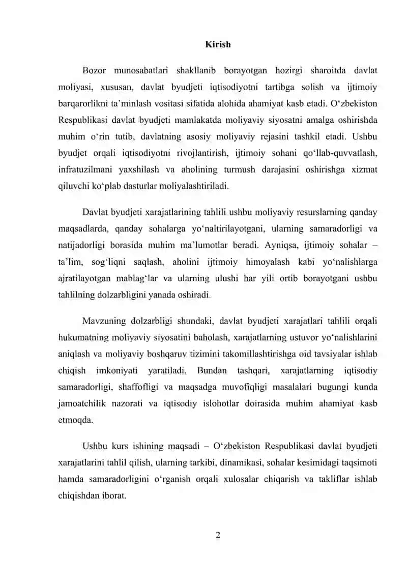 O’ZBEKISTON RESPUBLIKASI DAVLAT BYUDJETI XARAJATLARI TAHLILI 2