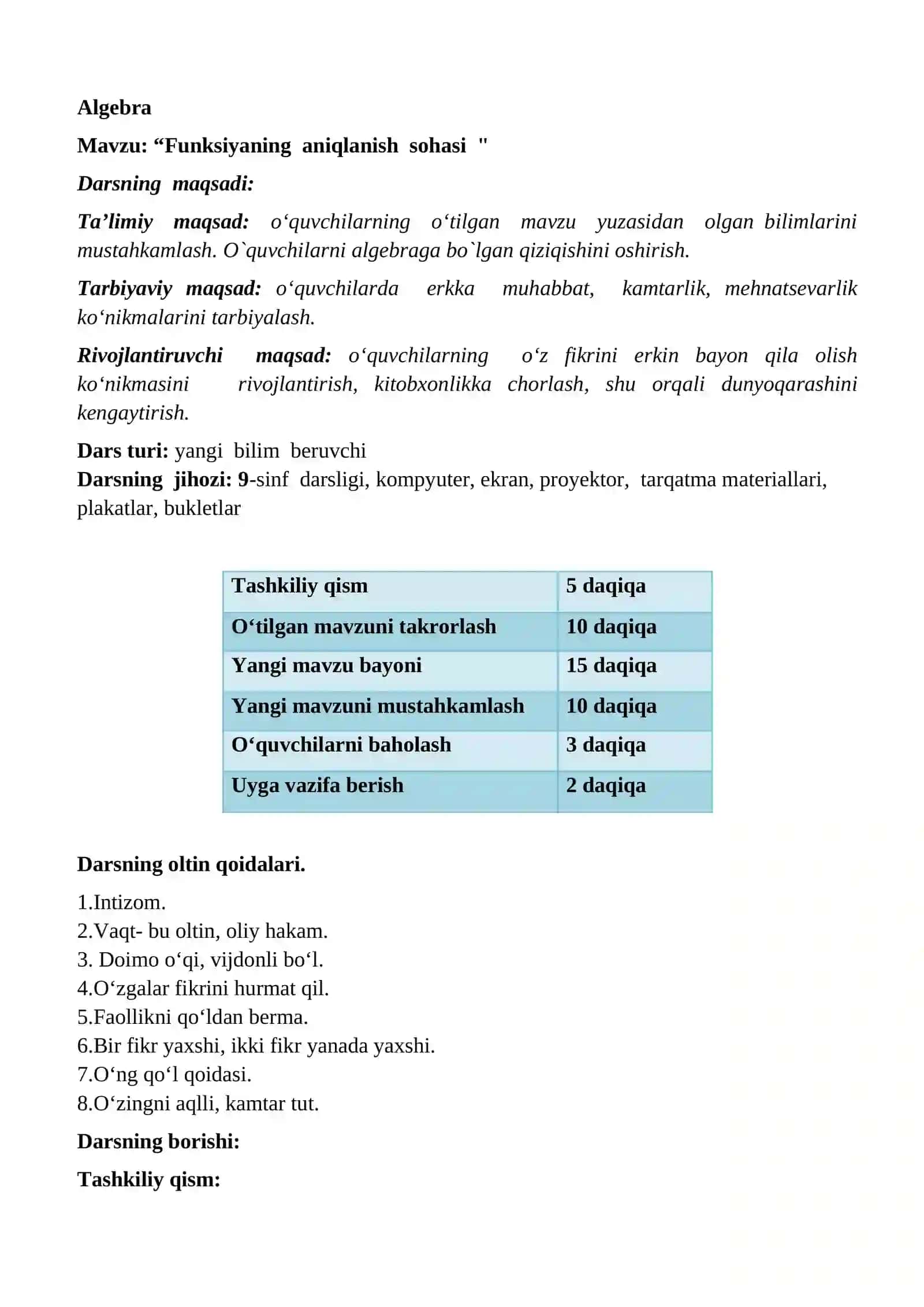 9-sinf Algebra fanidan Funksiyaning aniqlanish sohasi dars ishlanma 2