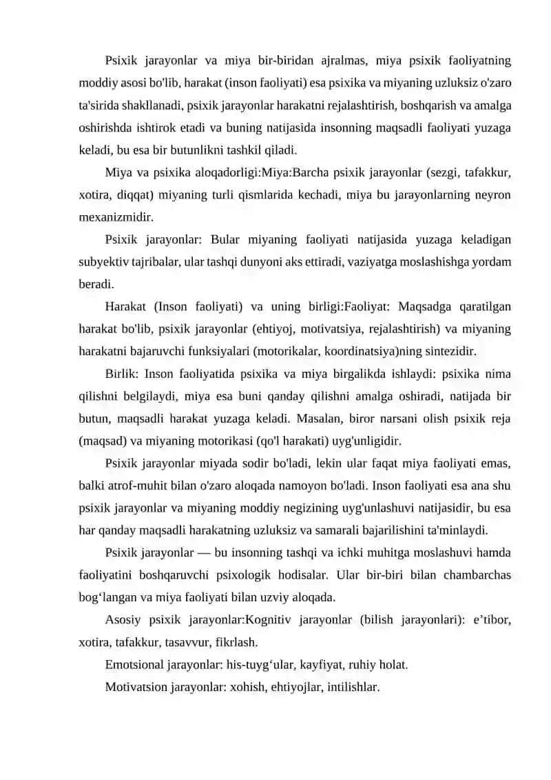 PSIXIK JARAYONLAR VA MIYANING O'ZARO ALOQADORLIGI.HARAKAT INSON FAOLIYATINING BIRLIGI SIFATIDA 2