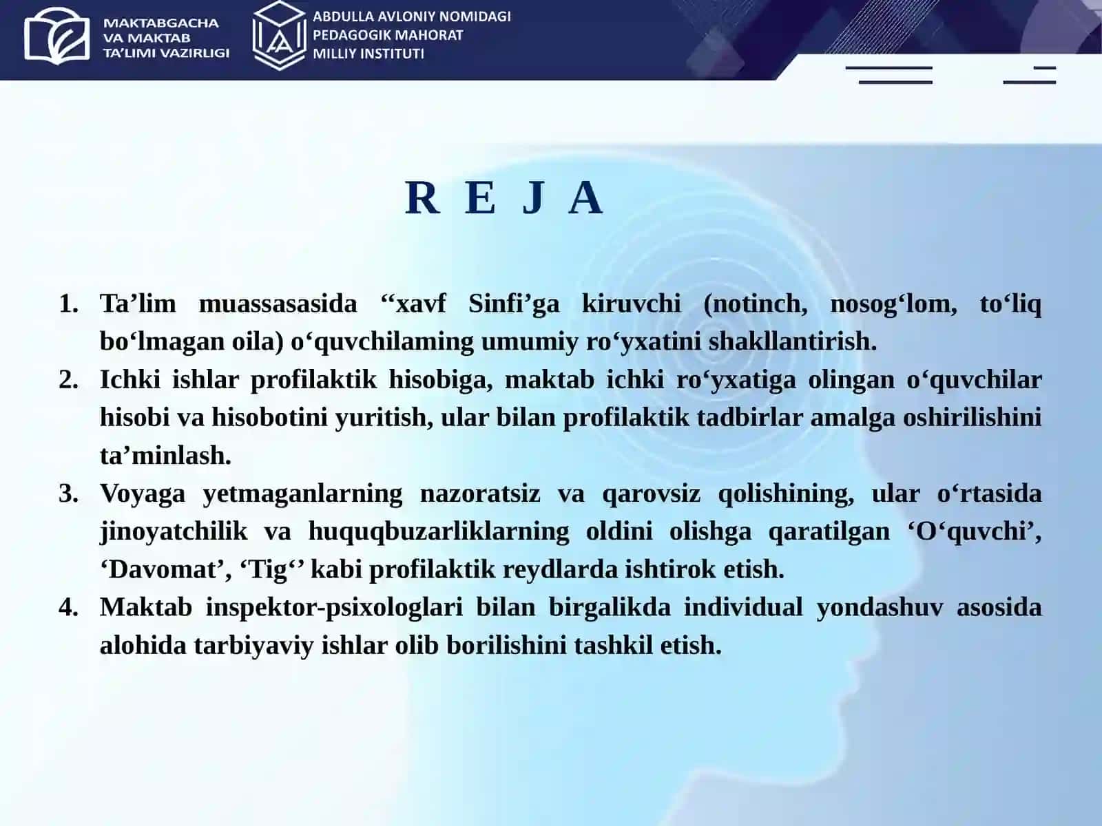 Maktab inspektor-psixologlaribilan hamkorlikada individual yondashuv asosida alohida tarbiyaviy ishlar olib borilishini tashkil etish 2