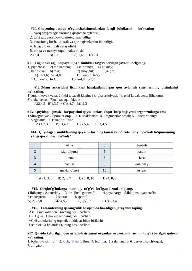 Biologiya fanidan test savollari 2