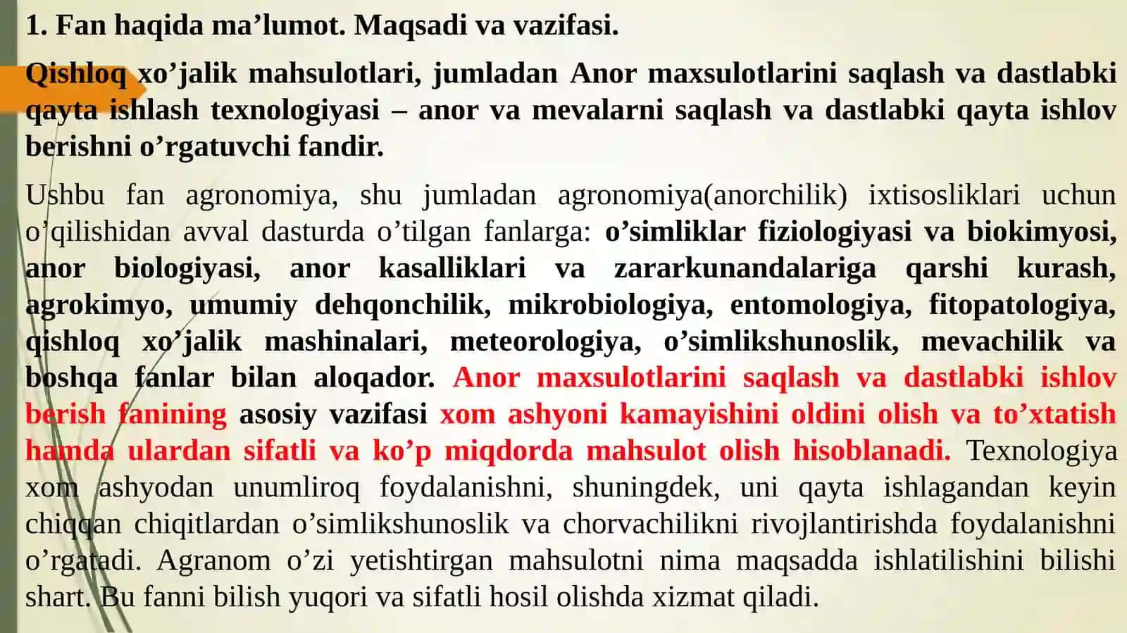 Anor va boshqa mevalarning saqlashni xalq xo’jaligidagi o’rni va ahamiyati 2