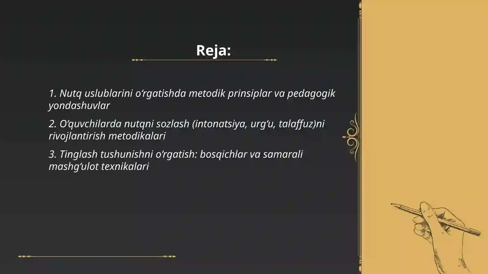 NUTQ USLUBLARI USTIDA ISHLASH METODIKASI.OQUVCHILARDA NUTQ SOZLASH VA TINGLASH TUSHUNISH VA YOZISH KONIKMALARINI RIVOJLANTIRISH 2