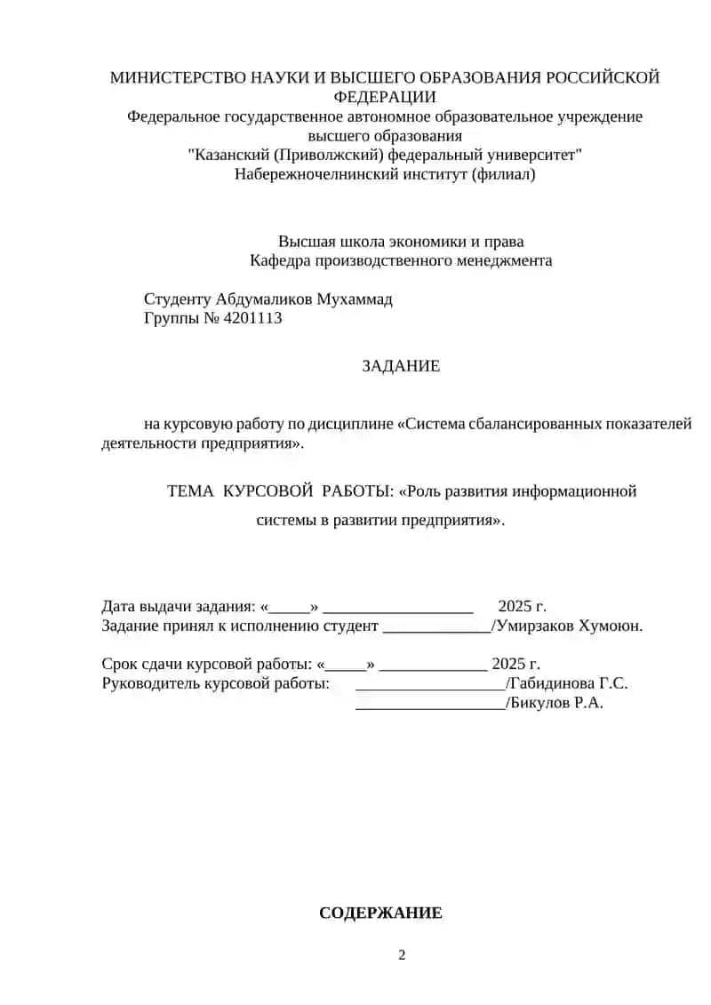 КУРСОВАЯ РАБОТА по дисциплине «Система сбалансированных показателей деятельности предприятия» на тему "Роль развития информационной системы в развитии предприятия" 2