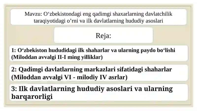 O'zbekistondagi eng qadimgi shaxarlar va ularning davlatchilikdagi o'rni 2