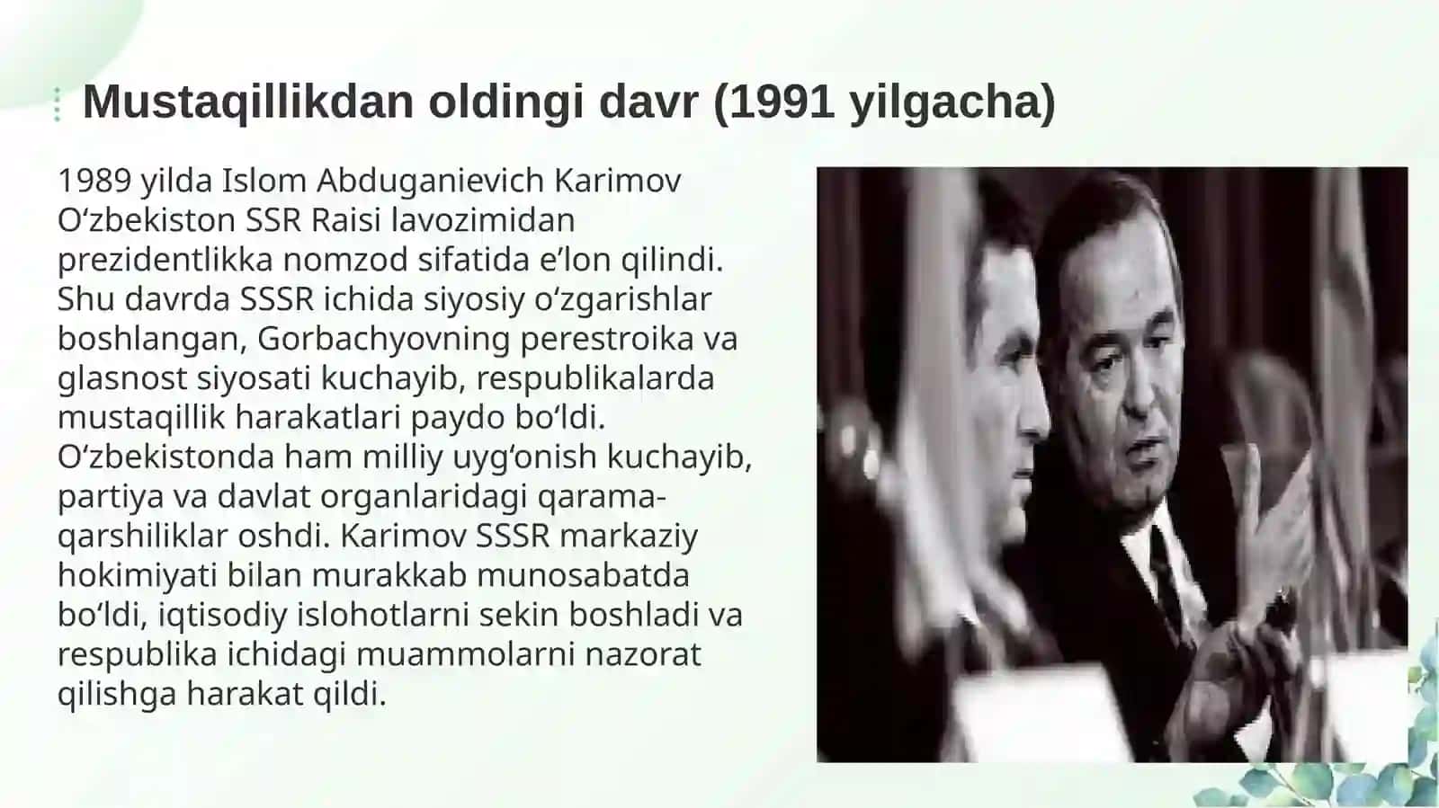 O‘zbekiston tarixi: Mustaqillikdan oldingi va keyingi siyosiy va iqtisodiy rivojlanish 2