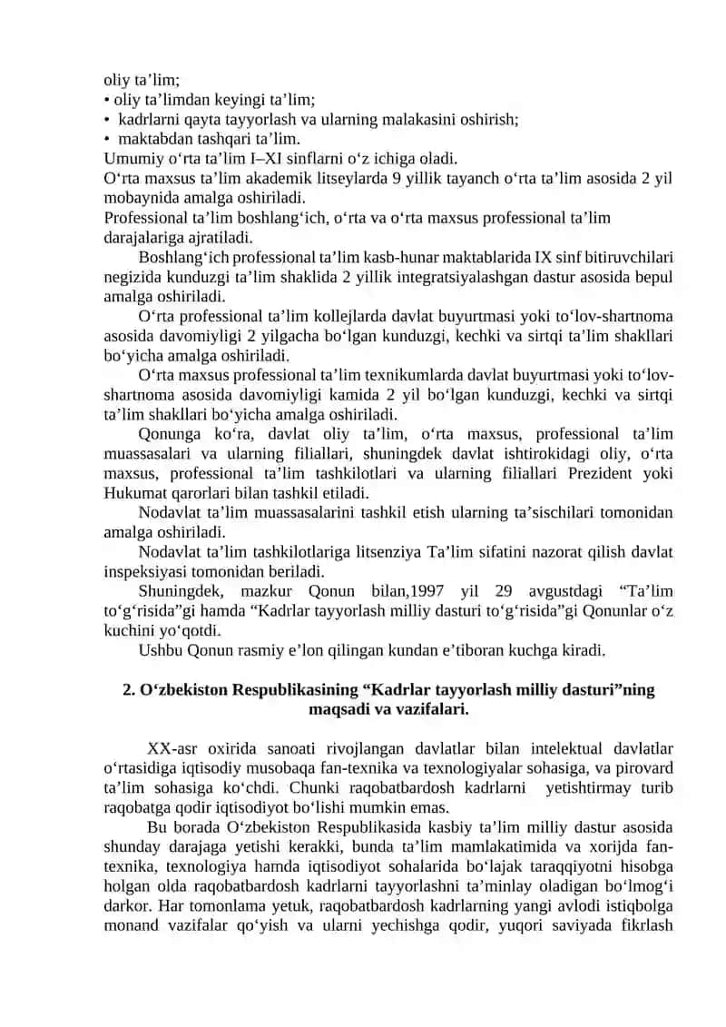 O‘ZBEKISTON RESPUBLIKASIDA TA’LIMGA OID MEYORIY HUJJATLAR 2