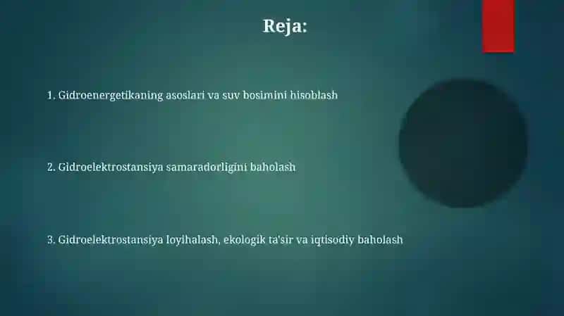 Toʻgʻonlardagi suv quvvatini hisoblash va gidroenergetika samaradorli 2