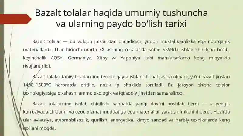 Bazalt tolasi bilan mustahkamlangan kompozitlar (metal, keramik va polimer matritsa) va ularning qo'llanilishi 2