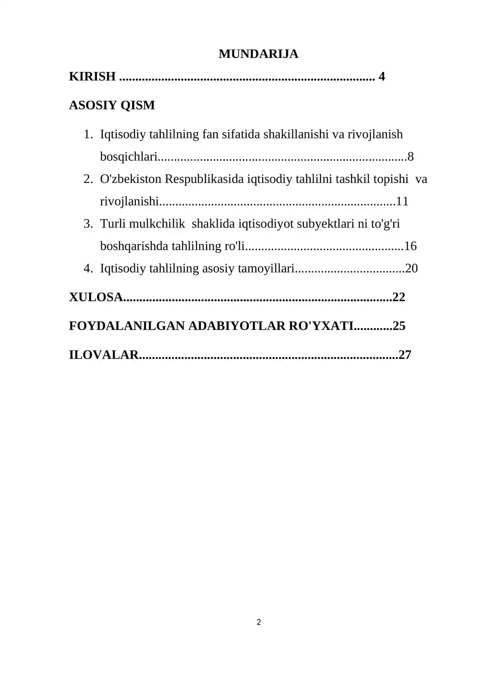 Iqtisodiy tahlil fanining nazariy asoslari, tahlilning zamonaviy boshqaruvdagi ro'li va ahamiyati Kurs ishi 2