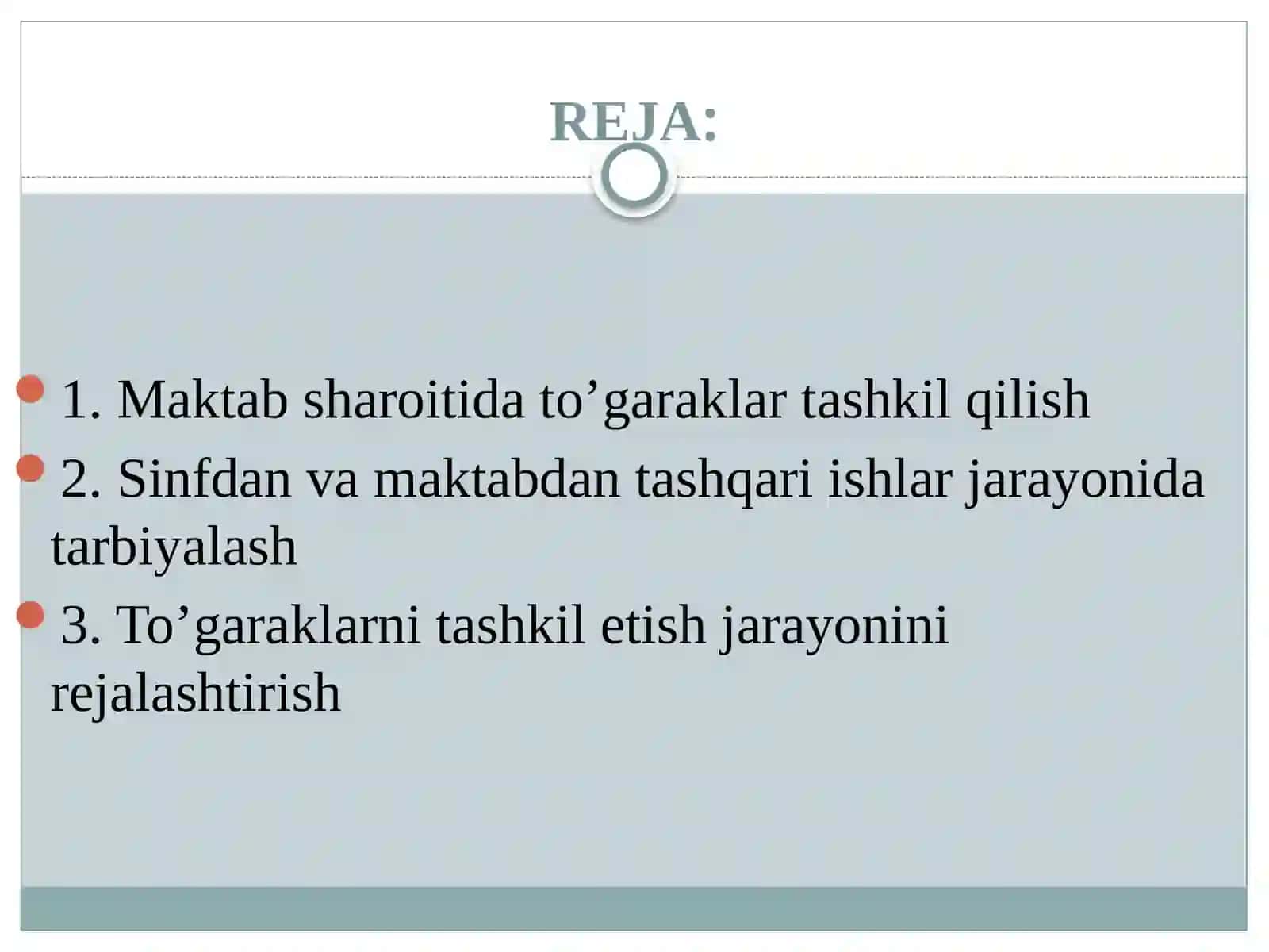 Maktab sharoitida mashg'ulotlarni tashkil qilish, sinfdan va maktabdan tashqari ishlar jarayonida tarbiyalash va mashg'ulotlarni tashkil etish jarayonini rejalashtirish 2