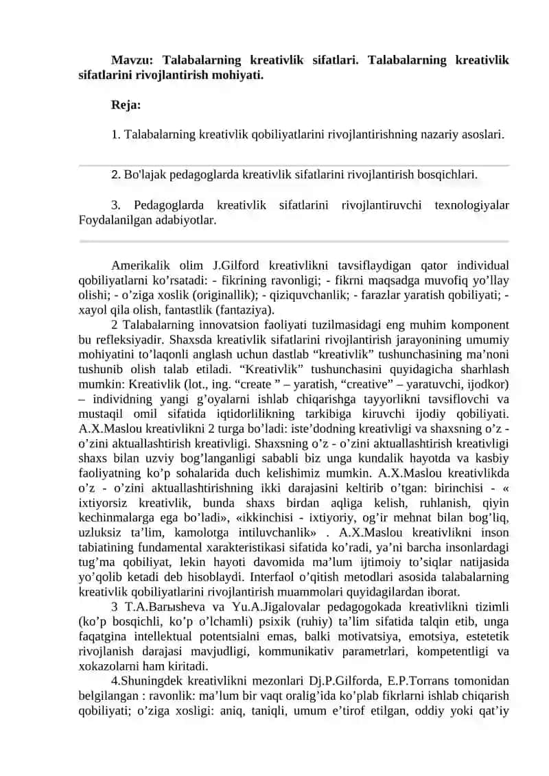 Talabalarning kreativlik sifatlari. Talabalarning kreativlik sifatlarini rivojlantirish mohiyati 2