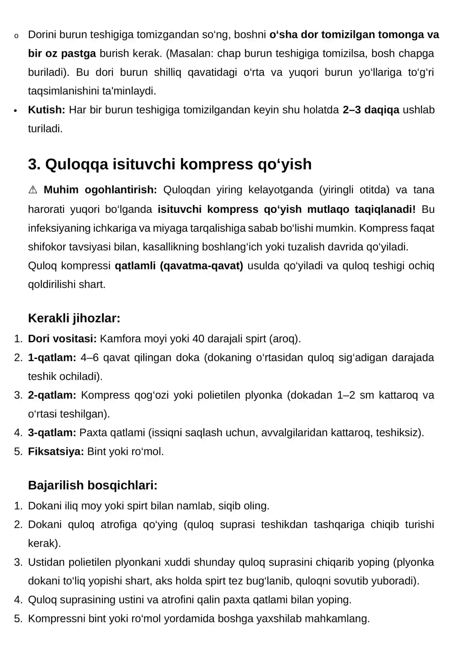 Quloqqa, burunga dori tomizish va quloqqa isituvchi kompress qo‘yish 2