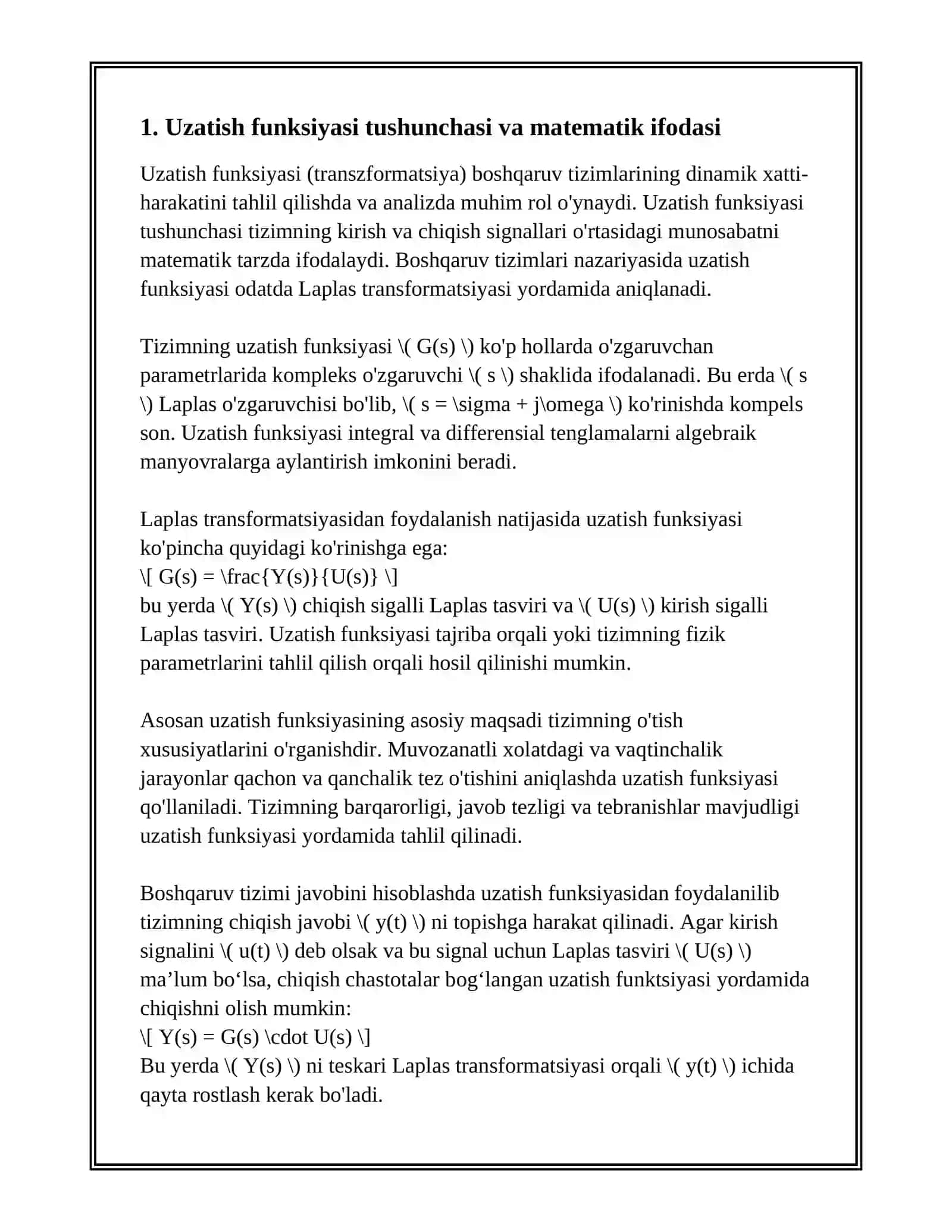 UZATISH FUNKSIYASI ASOSIDA BOSHGARUV TIZIMI JAVOBINI (Y(T)) HISOBLASH METODIKASI 2