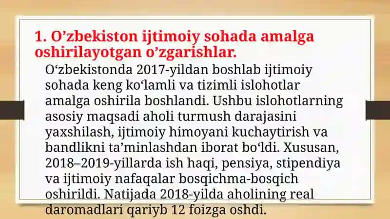 O'zbekistondagi ijtimoiy sohada amalga oshirilayotgan o'zgarishlar 2