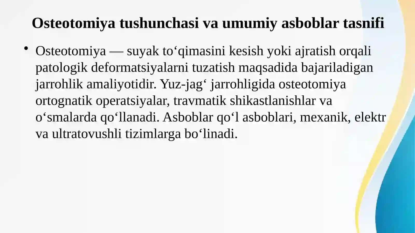 Osteotomiyada ishlatiladigan asbob-anjomlar   Остеотомияда ишлатиладиган инструментлар  LEFOR 1,2,3 tip boyicha,pastki jagda segmentli osteotomiya, BRIDE usuli bo’yicha osteotomiya 2