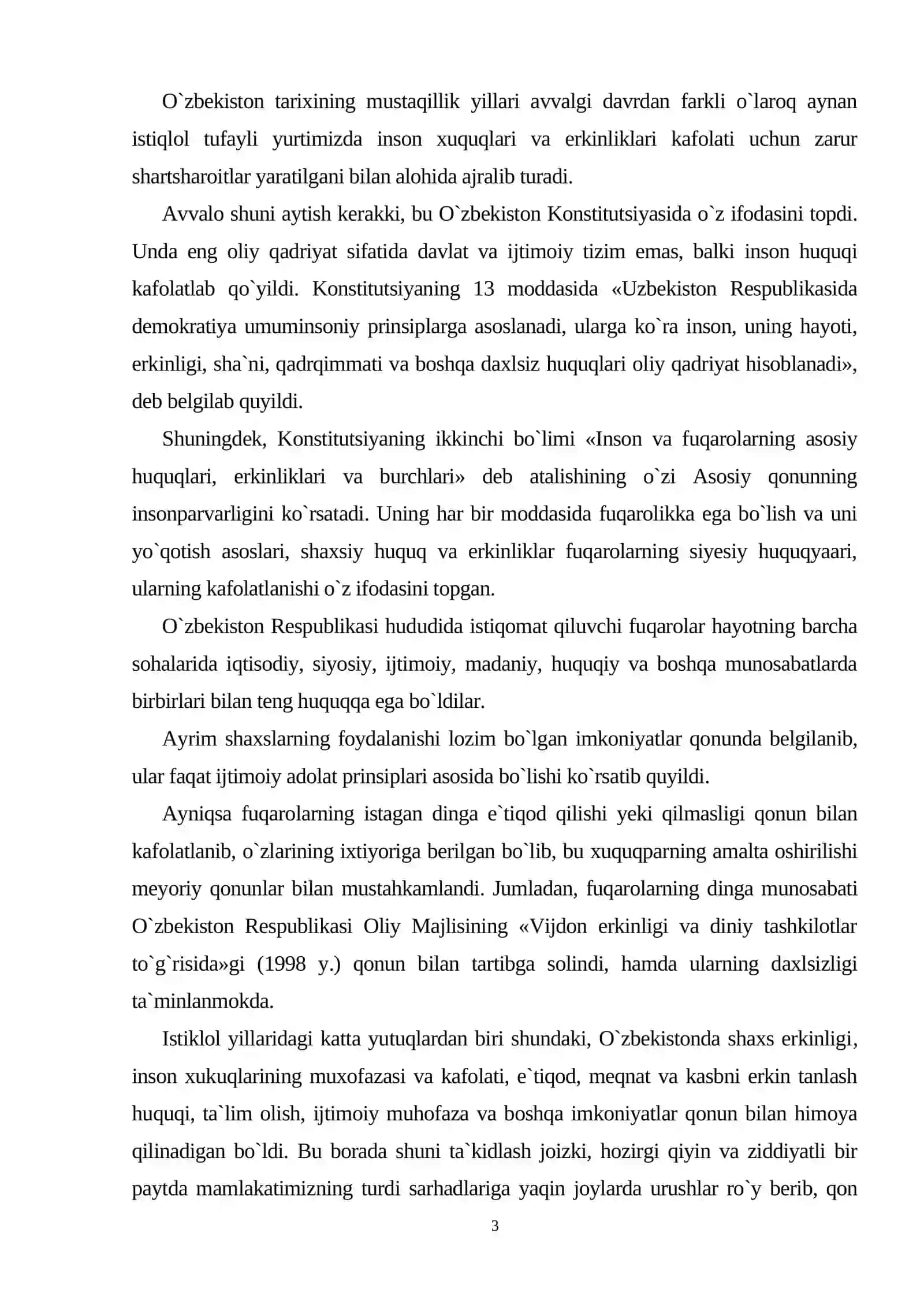 O`zbekistonda inson huquqlari va erkinliklari kafolatining yaratilishi 2