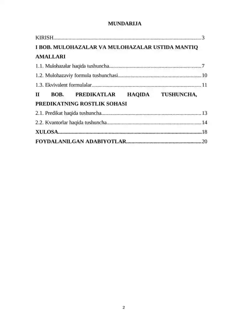 Mulohaza va mulohazalar ustida mantiqiy amallar. Mulohazaviy formulalar 2