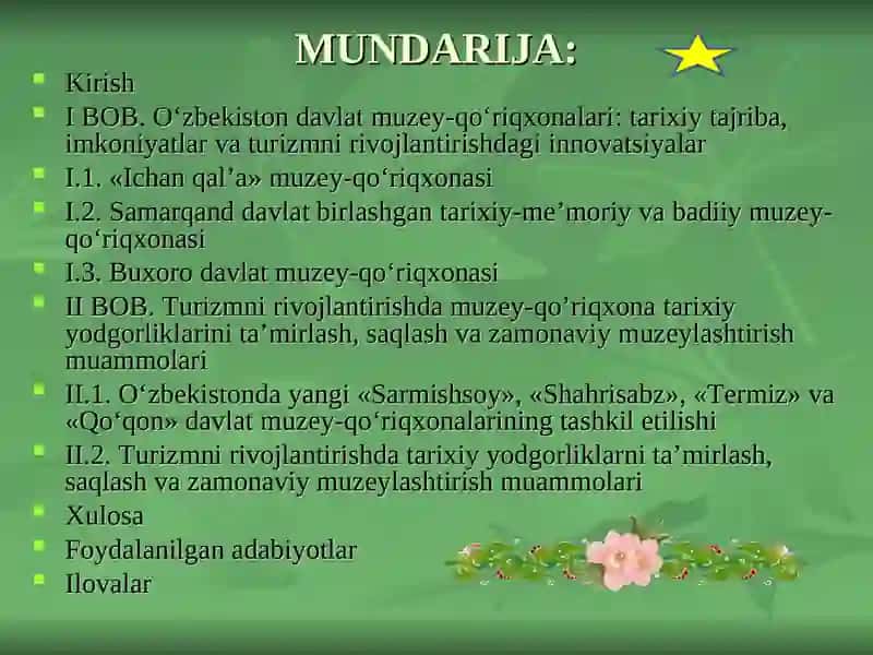 Turizmni rivojlantirishda O‘zbekiston muzey-qo‘riqxonalari tajribasi tarixidan TAQDIMOTI 2