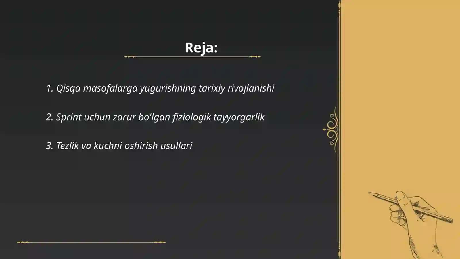 Qisqa masofalarga yugurish texnikasi bilan tanishtirish va mavzuga oid ko'nikmalarni shakllantirish 2