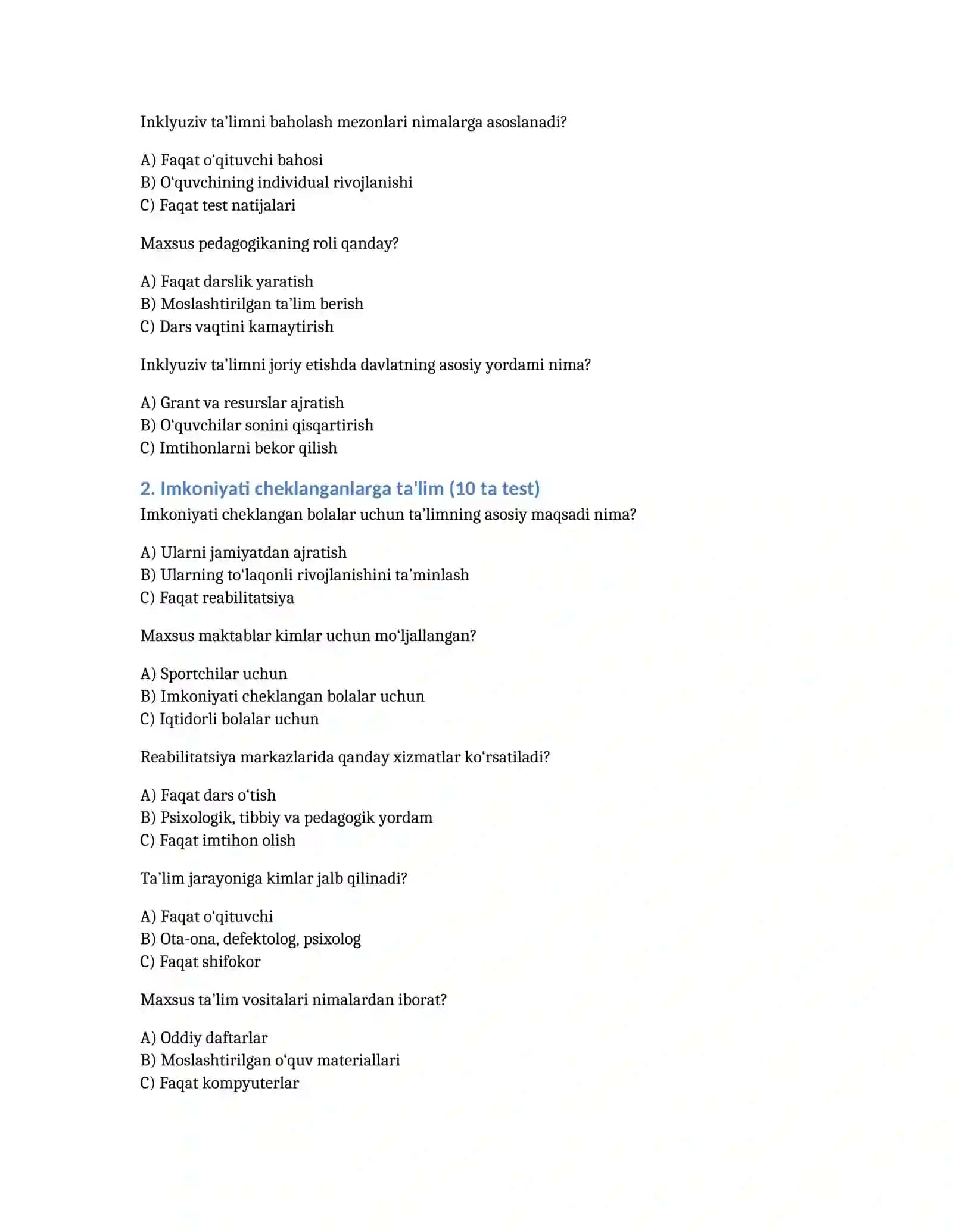 inklyuziv taʼlim testlar 2