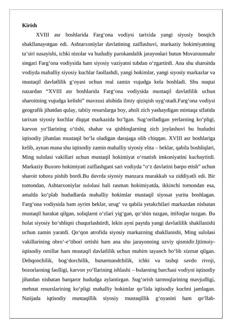XVIII asr boshlarida Farg‘ona vodiysida mustaqil davlatlilik uchun sharoitning vujudga kelishi 2