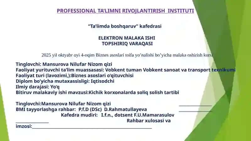 "Kichik korxonalarda soliq solish tartibi" 2
