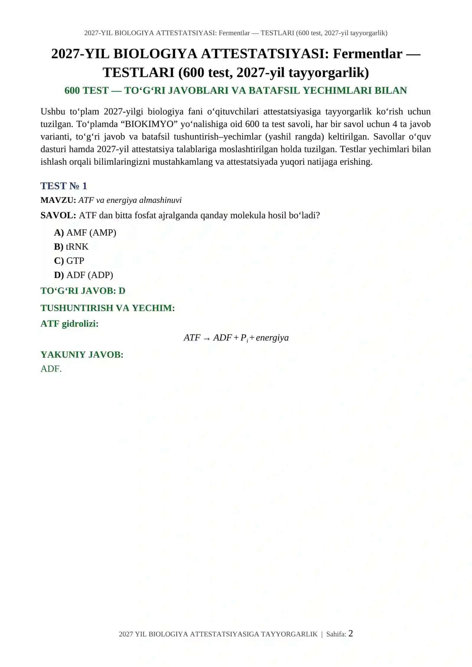 2027-YIL BIOLOGIYA ATTESTATSIYASI: Fermentlar — TESTLARI (600 test, 2027-yil tayyorgarlik) 2
