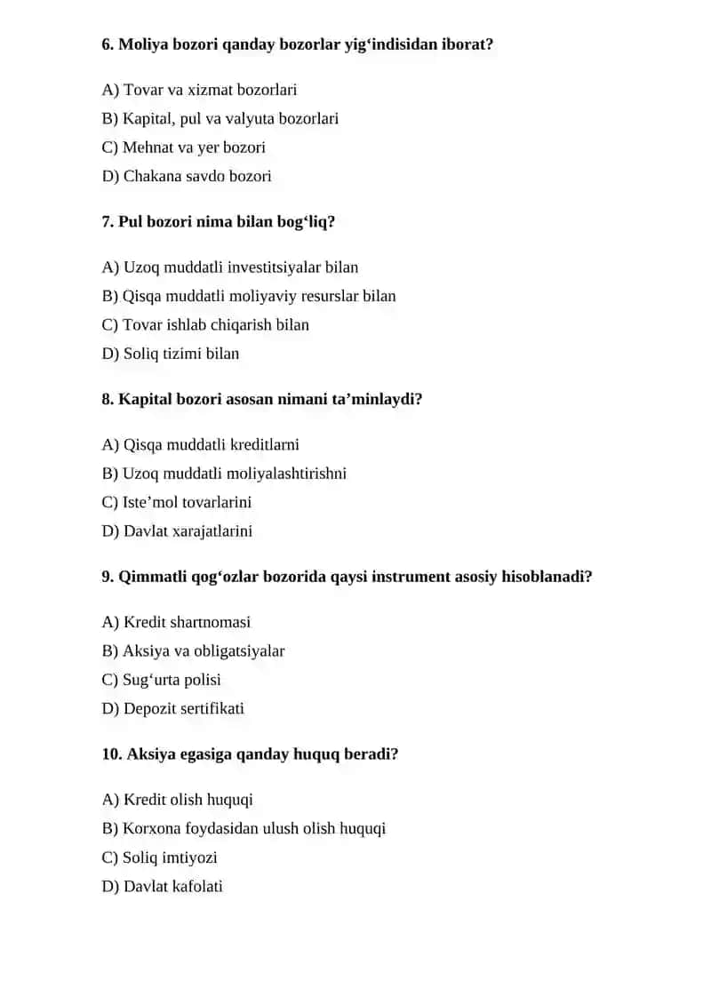 BANK VA MOLIYA BOZORLARI BO‘YICHA TEST SAVOLLARI 2