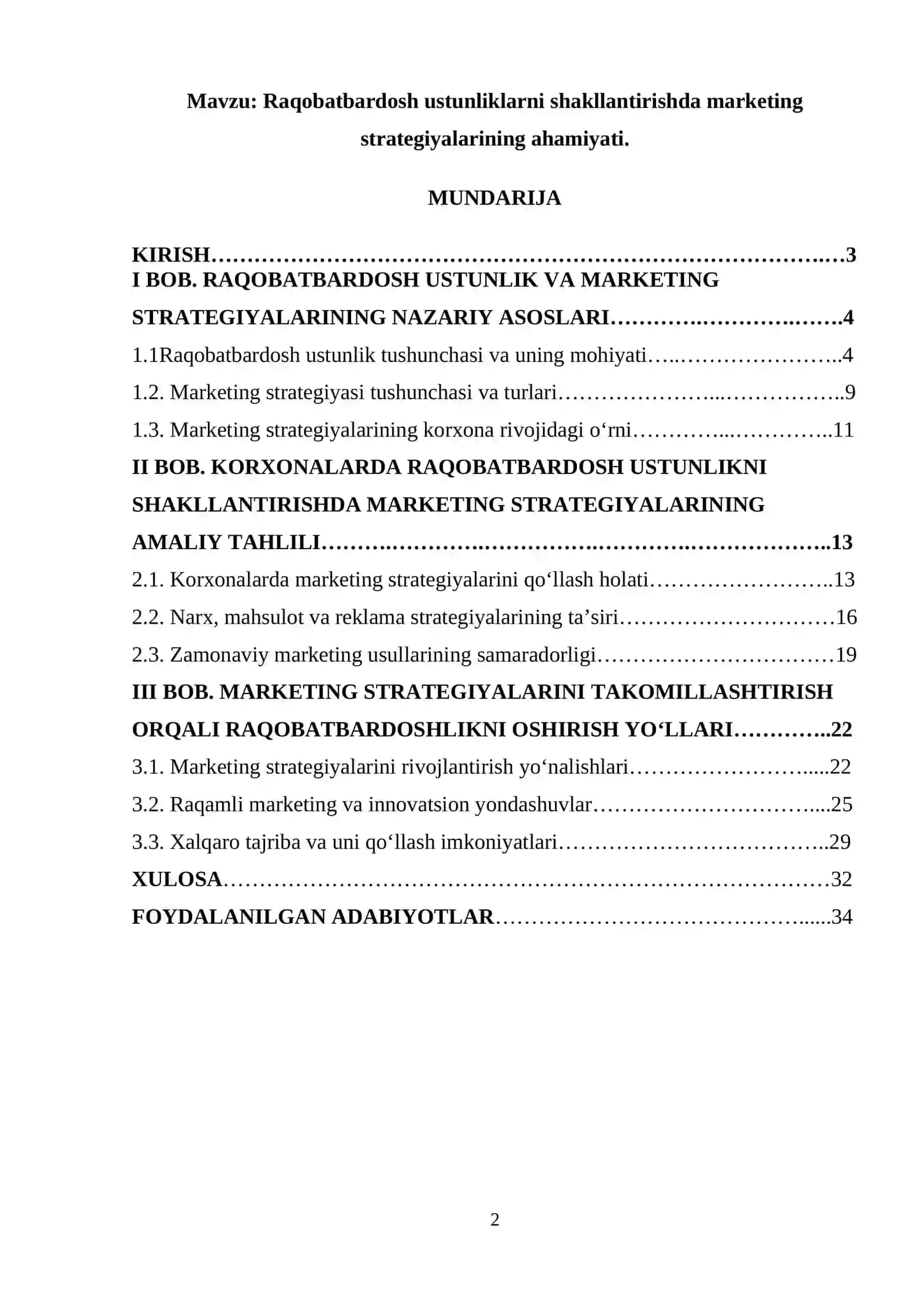 Raqobatbardosh ustunliklarni shakllantirishda marketing strategiyalarining ahamiyati 2