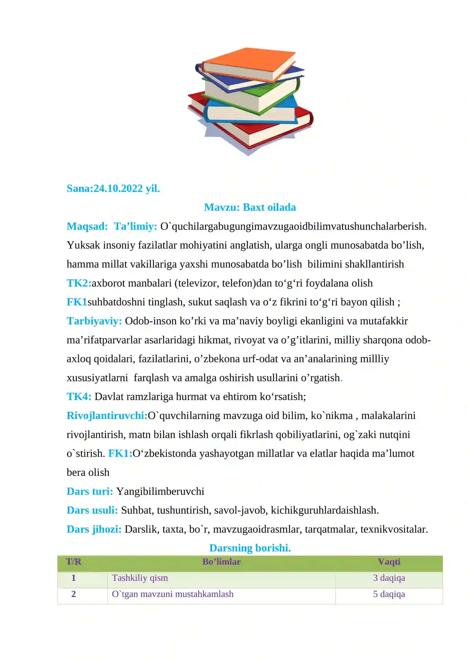 9-sinf Tarbiya fanidan Baxt oilada mavzusida ochiq dars ishlanma 2