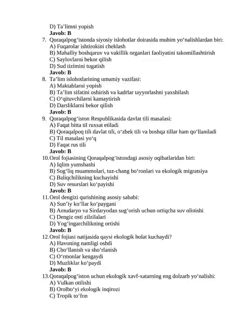 Oʻzbekistonning eng yangi tarixi 8-test 2