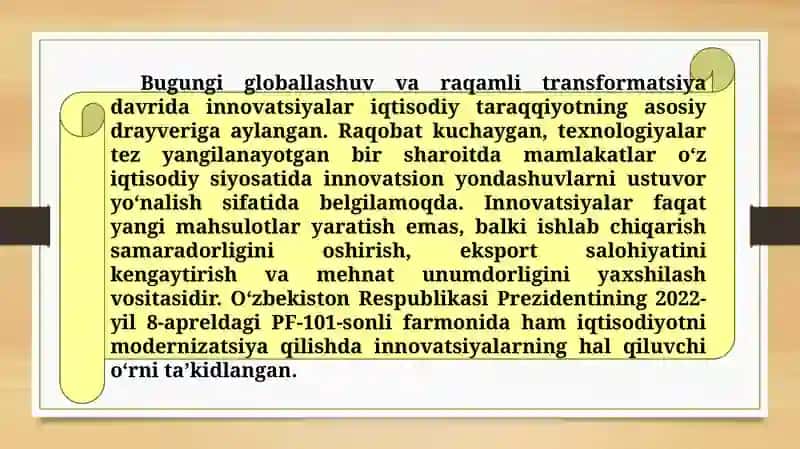 Innovatsiyalar iqtisodiyotga tadbiqu etish 2