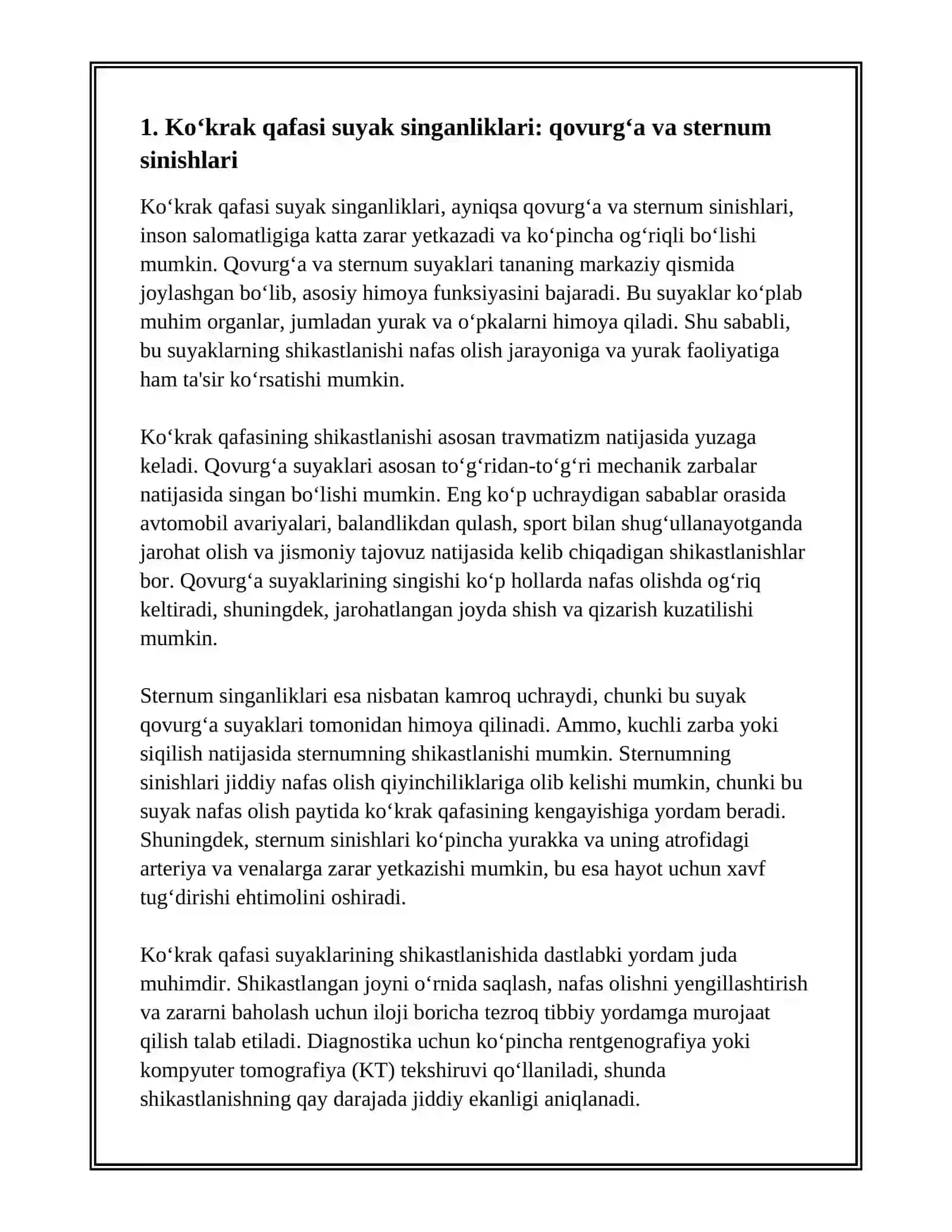 KO‘KRAK QAFASI VA YELKA KAMARI SHIKASTLANISHLARI. BOLALARDA KO‘KRAK QAFASI SHIKASTLANISHLARI, O‘ZIGA XOSLIGI. KATTALAR VA BOLALARDA YELKA SUYAGI VA YELKA BO‘G‘IMINI SHIKASTLANISHLARI. YELKA SUYAGI CHIQISHLARI 2