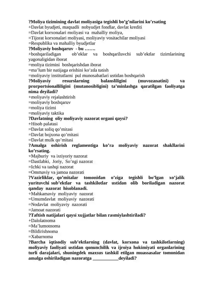 Moliya fanidan test savollari 2